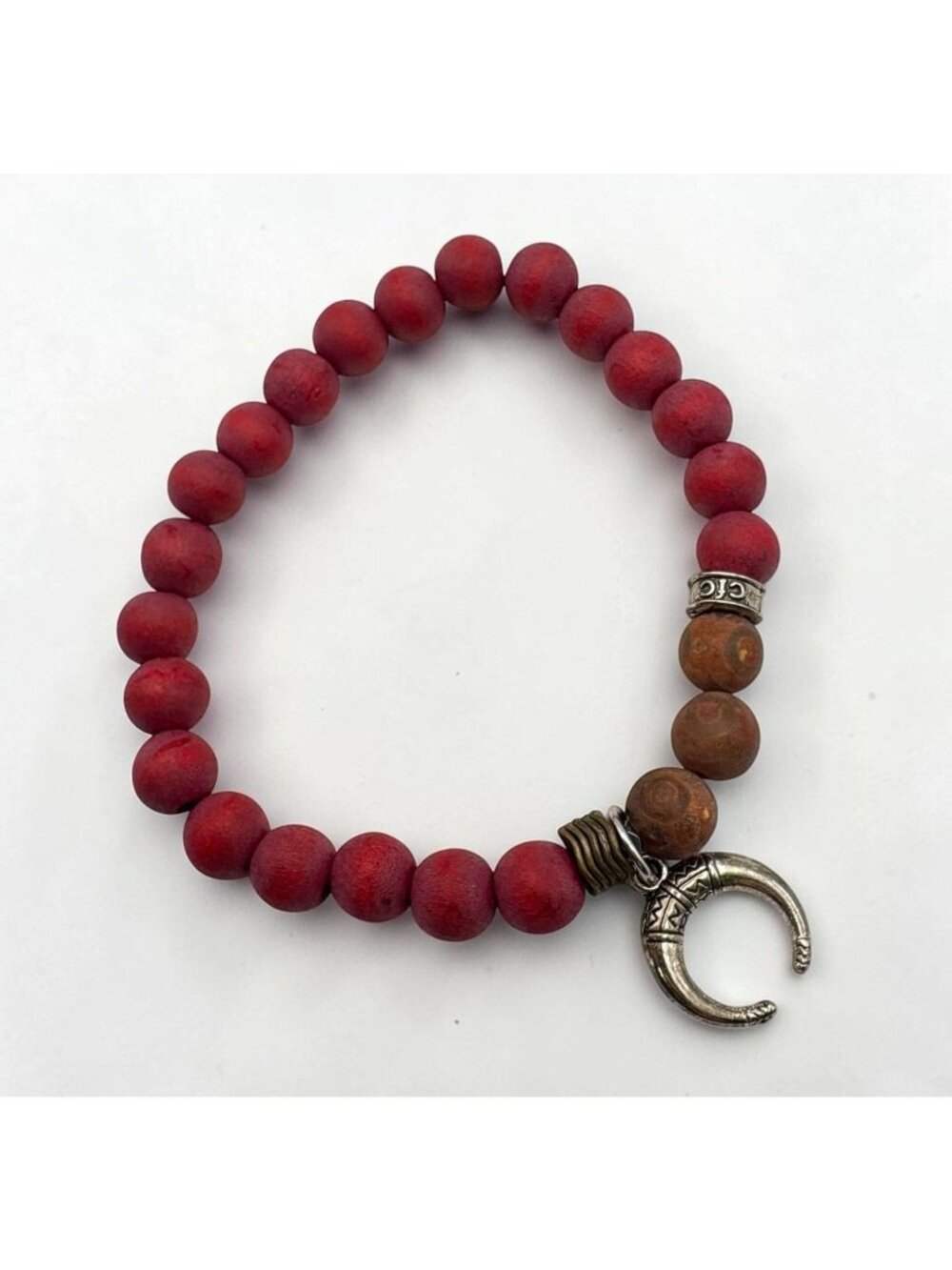 Red Wood Beaded Stretch Bracelet Celtic Double Horn Charm Chavez For Charity